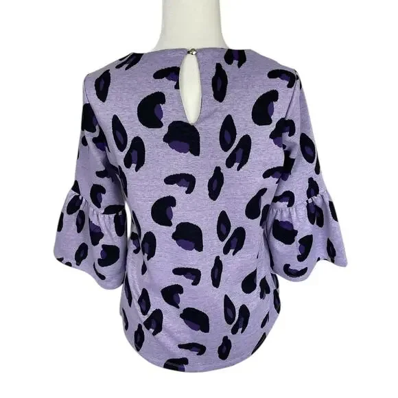 Tyler Boe Leopard Print Knit Top Bell Sleeves Purple Sz XS Preppy Modern Chic - Picture 6 of 10